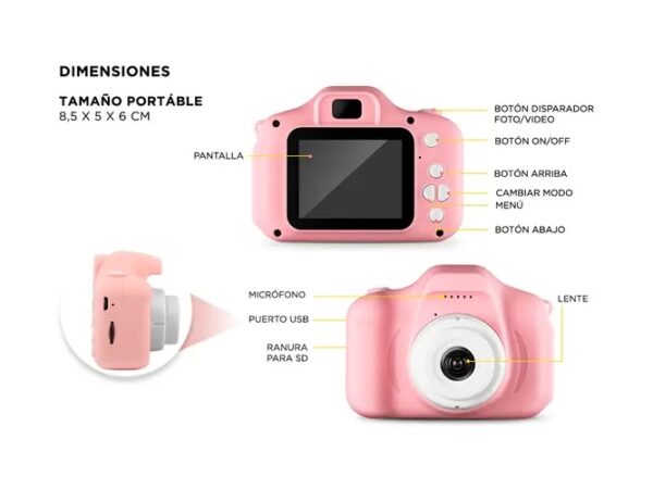 MINI CÁMARA DIGITAL PARA NIÑOS CARGA USB CON JUEGOS Y MÚSICA - Imagen 2